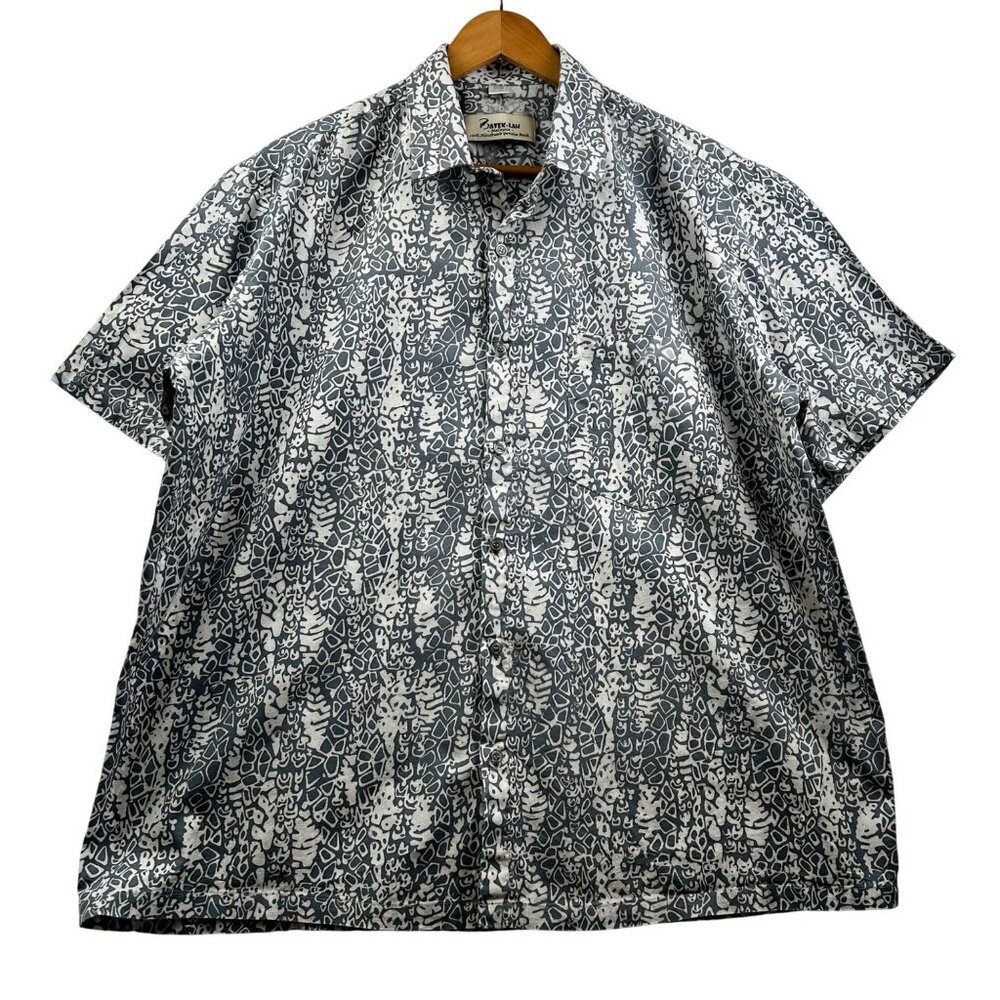 Batek-Lah Malaysia Handmade‎ Batik Shirt White Gray Tribal Abstract Print XL